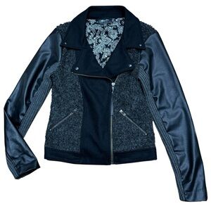 Miss Me Sz S Moto Jacket Black Faux Vegan Leather  Bikercore Mixed Media Coat